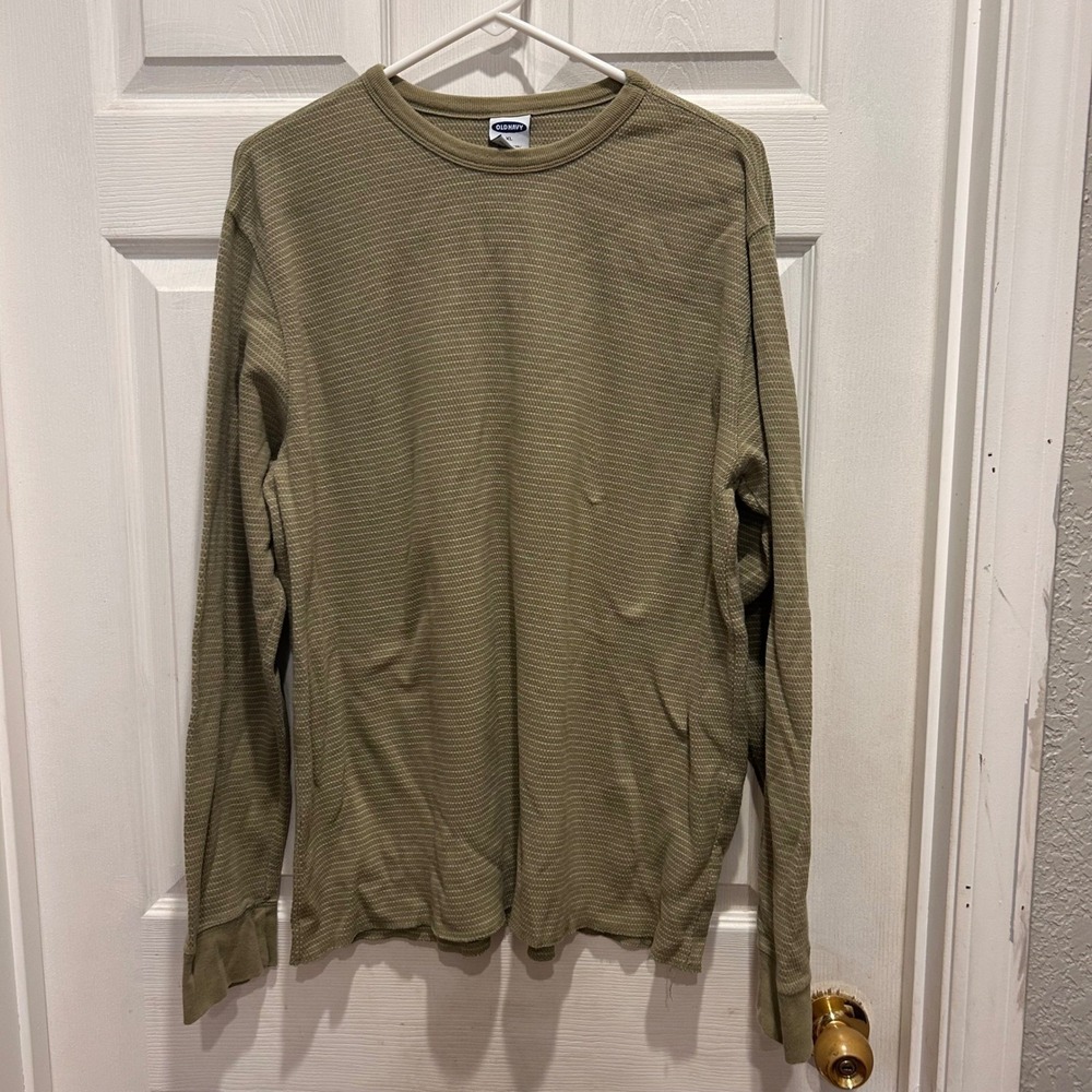Old Navy Mens XL Thermal Shirt Olive Green Striped Waffle Knit Long Sleeve Crew